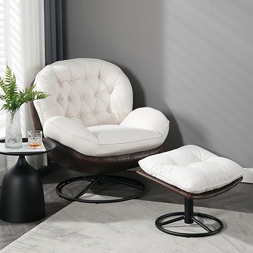 Guyou Silla giratoria con otomana, moderna silla de lino para sala de estar, silla giratoria con reposabrazos con reposapiés, base de soporte