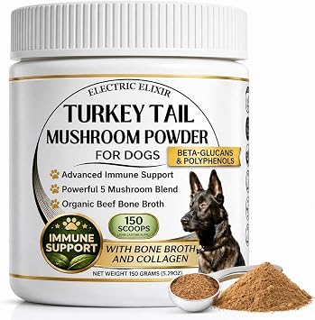 Turkey Tail Mushroom for Dogs - Organic Bone Broth Food Topper for Picky Eaters - Immune Support Powder Supplement for Lipoma Lumps & Bumps, Gut & Joint - Buddy Health Guard Mushroom Blend -150 Scoops