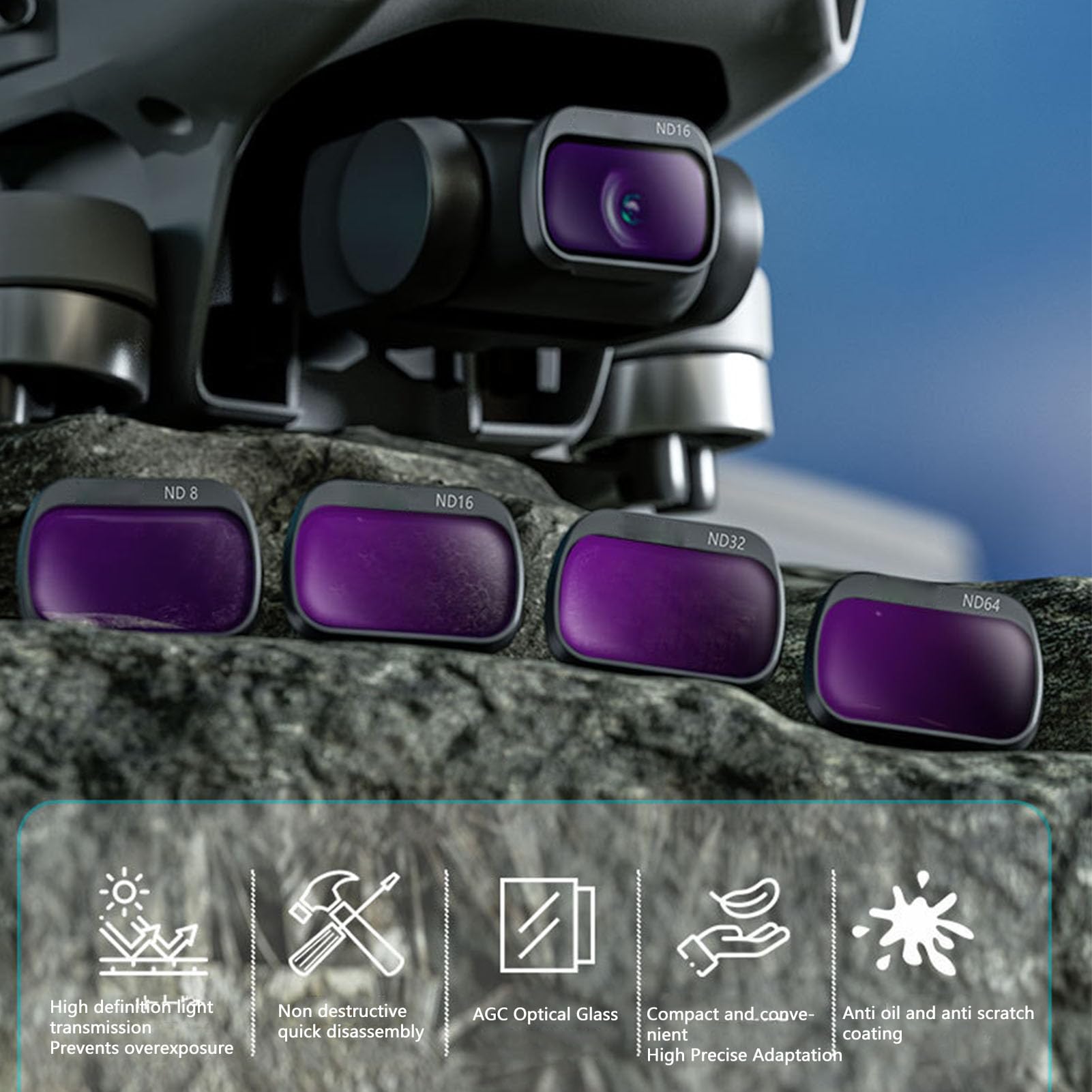 Set di Filtri ND per Drone, Accessorio per Lenti ND in Lega di Alluminio, Vetro Ottico ND8 ND16 ND32 ND64, per Condizioni Luminose