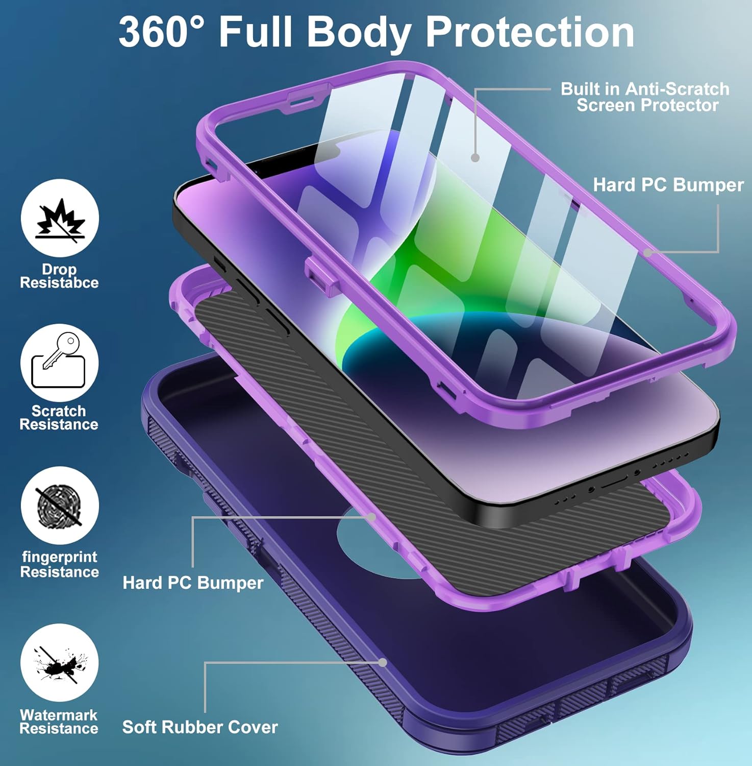 for iPhone 14 Case, for iPhone 13 Case, [with Built-in Screen Protector] [Military Grade Drop Protection] Full Body Cover Shockproof Protective Phone Case for Apple 14/13 - Image 3