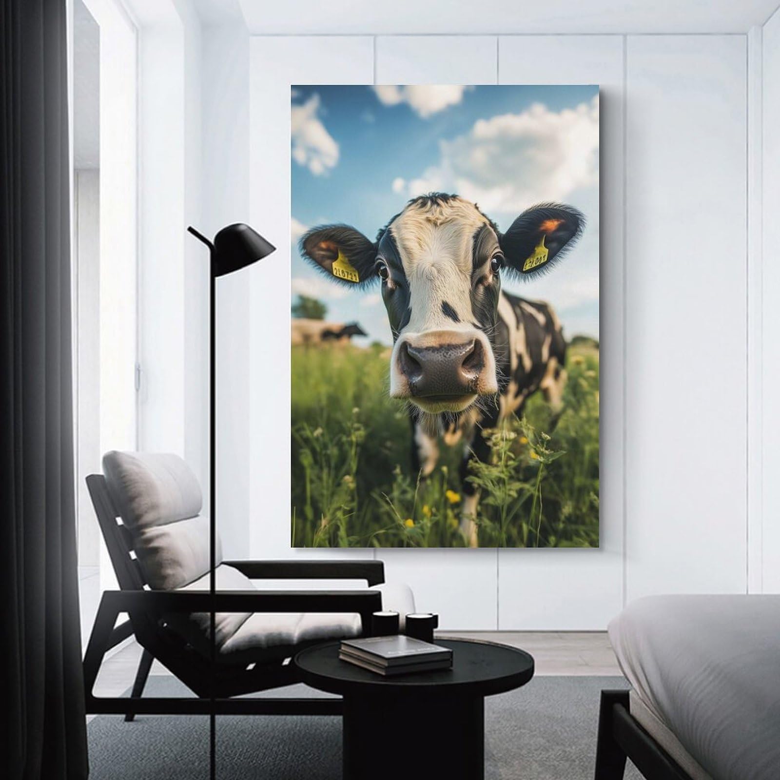 Junmoney Unframe-Style-20 Canvas Art Print Curious Cow In Field, 16X24inch(40X60cm), For Contemporary Homes, Apartments Or Offices, Decorative Canvas Decor For Home Updates