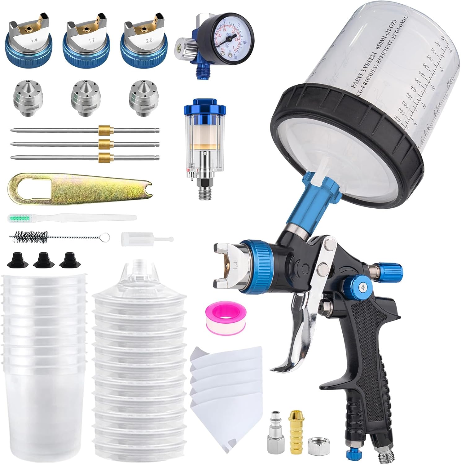 HVLP Air Spray Gun Kit Includes 10 Disposable 650ml Paint Cups with 1.4/1.7/2.0mm Nozzles. The Automotive Paint Spray Gun can be Used for Primer, Clear Topcoat Application(Black)