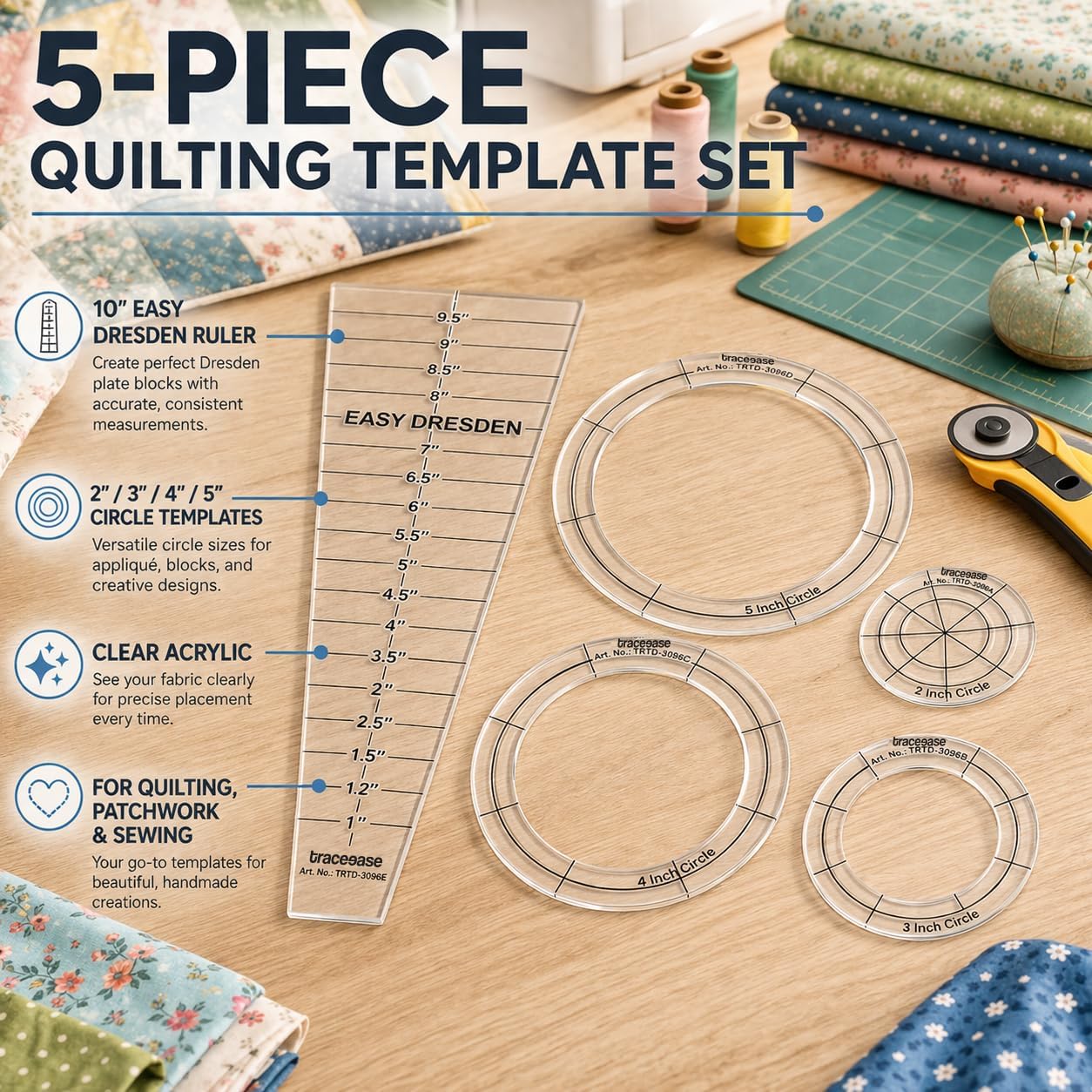 Traceease 5 Pcs Clear 4mm Acrylic Quilting Template Ruler Set, 10 Inch Dresden Plate Template with 4 Round Quilting Templates for Patchwork, Blanket Making, Sewing, Clothing Craft and DIY