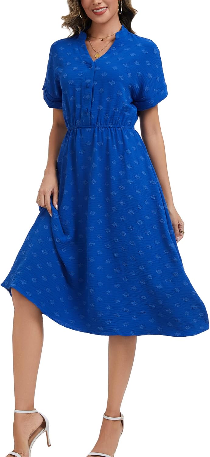 Kormei Women's Casual Long Dress V-Neck Short Sleeve Elegant Long Fitted Flowy Dresses with Pockets - Image 3