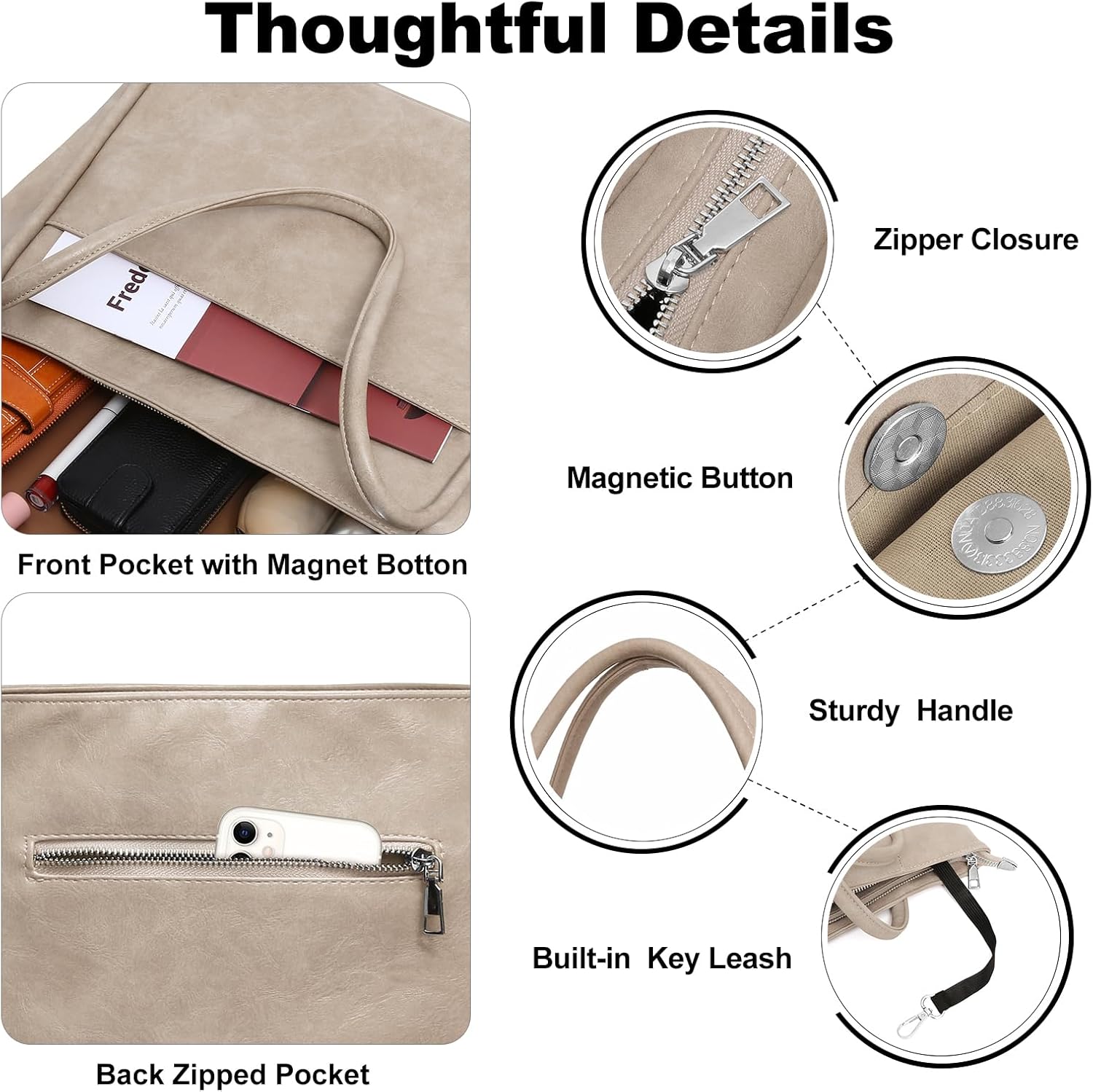 Large Tote Bag for Women Work with Zipper 16L Vegan Leather Ladies Travel Purses and Handbags - Image 3