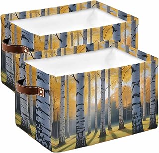 Fall Branch Trees Storage Bins Cubes Waterproof Cloth Storage Basket, Bare Root Tree Autumn Forest Foldable Storage Bags for Shelf Closet Clothes Storage Organizers with Handles 15x11x9.5 in 2PCS