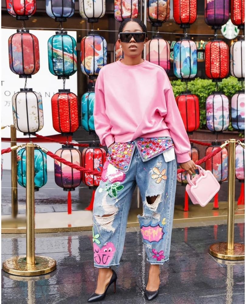 2025 New Women's Casual Rhinestone Loose Harem Jeans, Vintage Rhinestone Floral Ripped Baggy Cropped Jeans Denim Pants