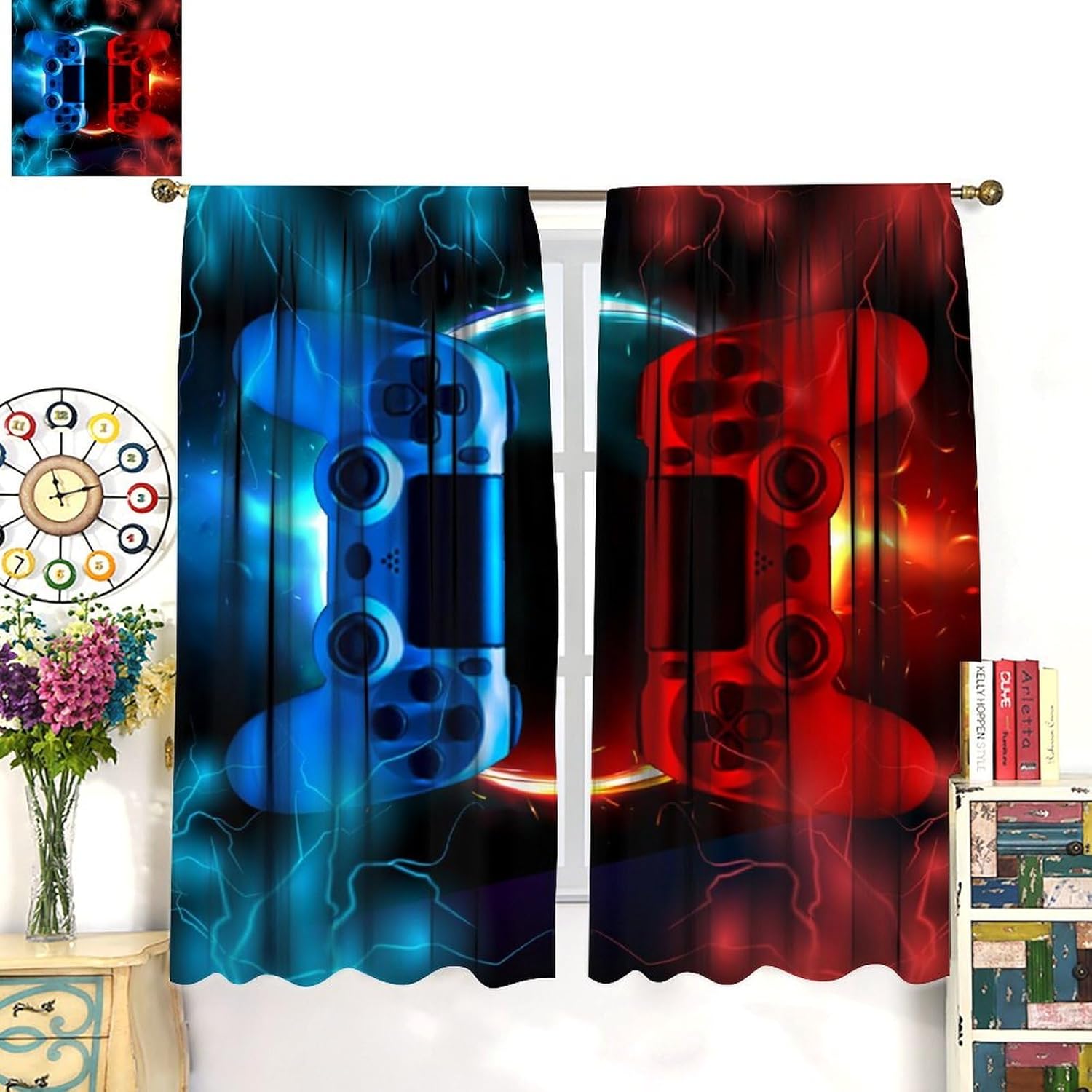 Boys Gaming Game Controller Blackout Curtains, Lightning Flame Blue Red Colorful Window Treatments for Teens Kids Girls Bedroom Living Room Bathroom Home Drapes 63x63 Inch
