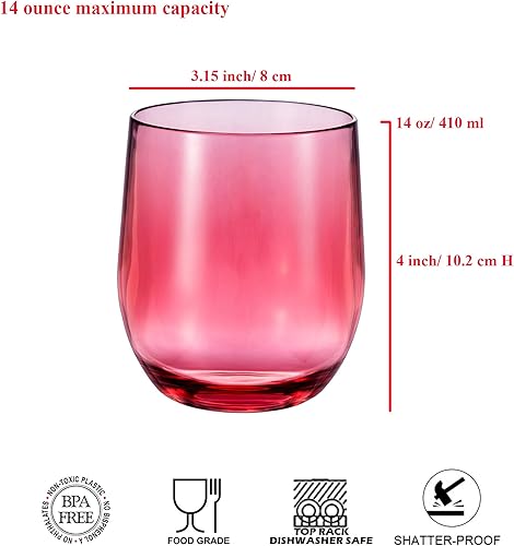 Miniatura 2 de Copas de vino de plástico de 14 onzas sin tallo, vasos Arcílicos multiusos, juego de 6 multicolor, reutilizables, resistentes a las roturas, aptas