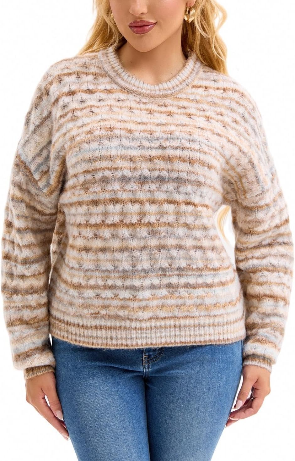 Froggirl Women’s Striped Cable Knit Sweater – Crewneck Chunky Pullover Jumper Loose Fit Long Sleeve Fall Winter Top