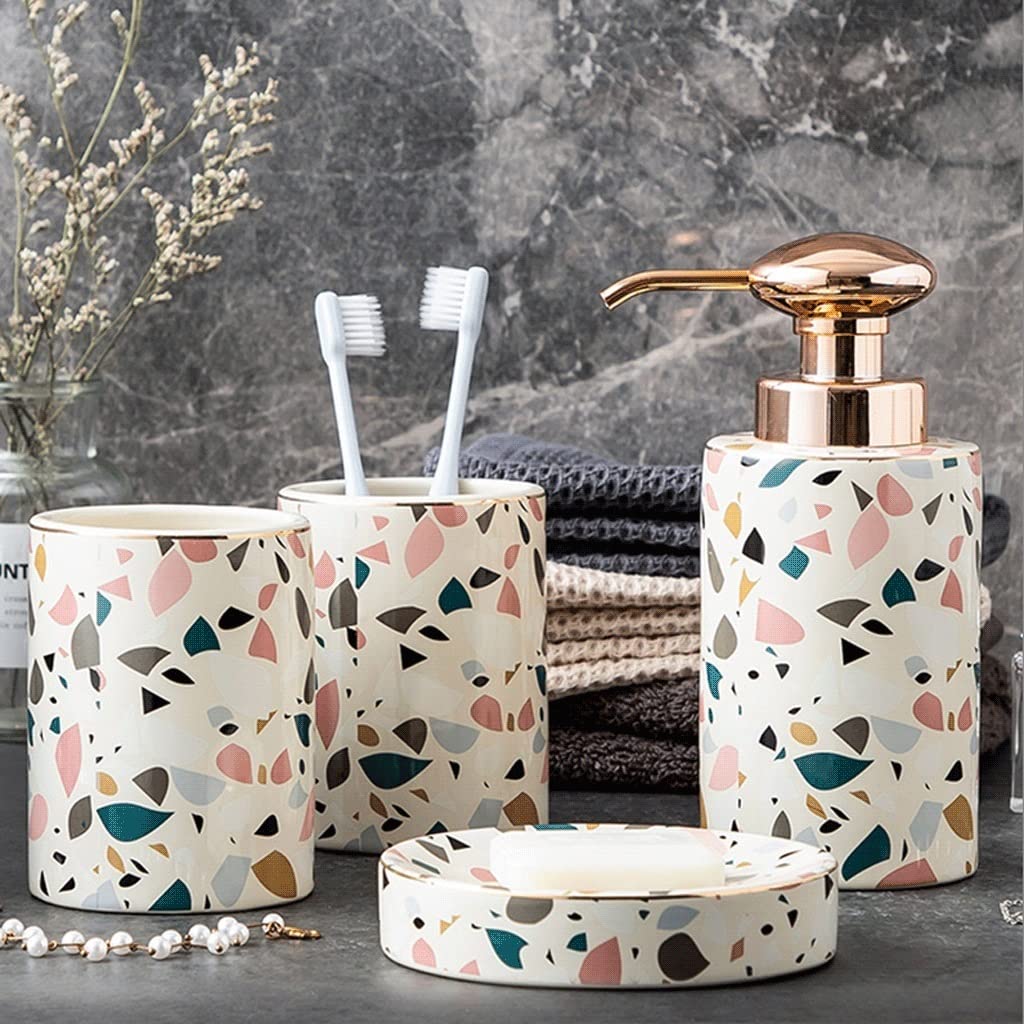 Dispensador de jabón, Botella de Bomba de líquido de cerámica Moderna, dispensador de loción de Manos Recargable, Juego de Accesorios de baño de 4 Piezas