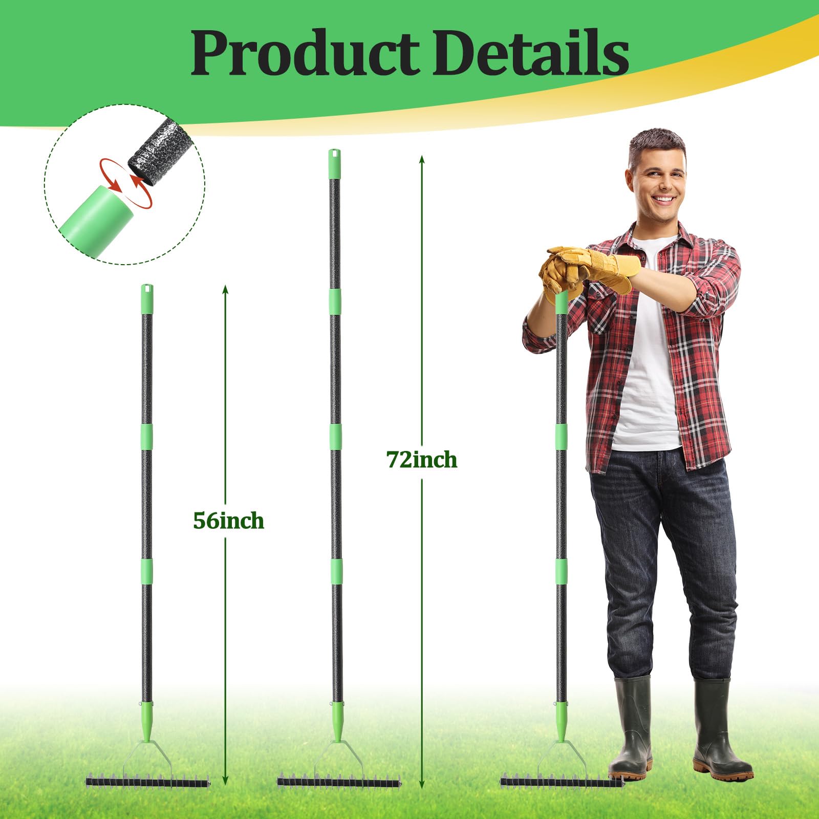 Rastrello in paglia in acciaio pressato a freddo, manico regolabile da 142,2 cm, impugnatura ergonomica, resistente alla ruggine, perfetto per giardini, prati, campi e altro ancora, design