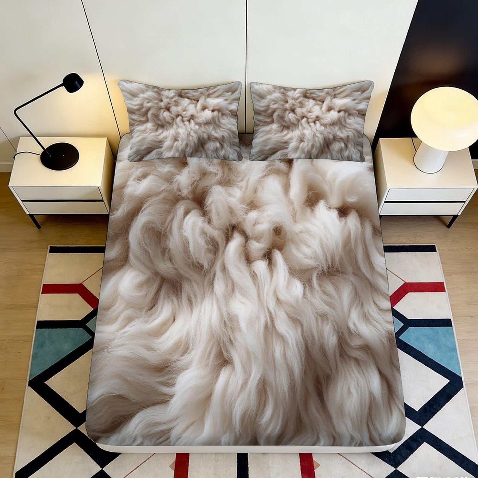 3D Printed Soft Beige Fur Pattern Fitted Sheet Microfiber Durable 3D Printed Fluffy Bed Cover for Bedroom Dormitory Guest Room Mattress Protection 160x200x25cm