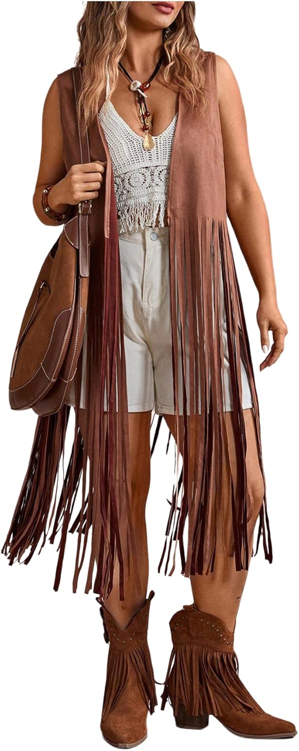 Women's Plus Size Western Fringe Vest Hippie Boho Tassel Suede Cowgirl Sleeveless Jackets 70s Outfits