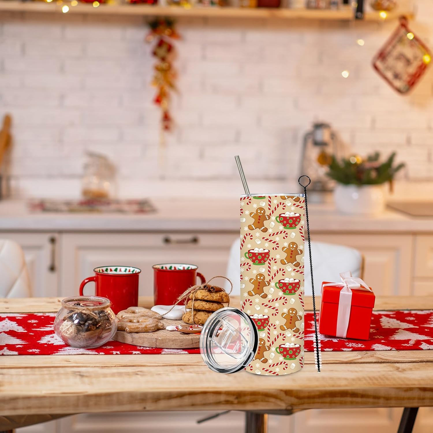 JarThenaAMCS Christmas Tumbler with Straw Lid Gingerbread Man Candy Cane Stainless Steel Cup for Holiday Xmas Party Gifts, 20 Oz - Image 6