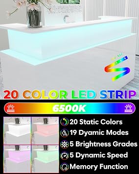White Reception Desk with Counter, 2 People Front Desk with Two-Tier Desktop, Modern Retail Counter with Cable Grommet for Home Office, Checkout, Beauty Salon, Barber