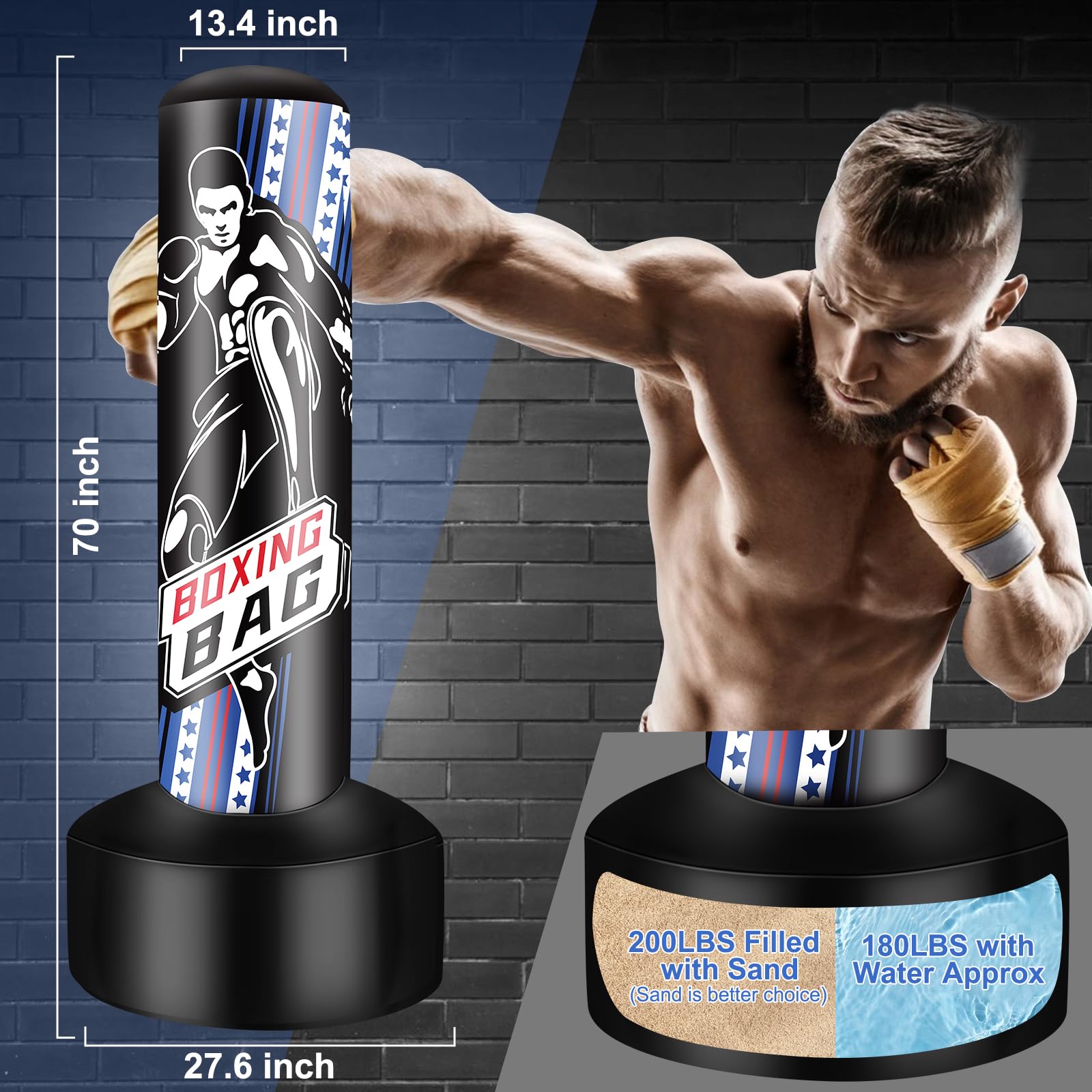 NZQXJXZ Sac de Frappe Adulte, 180cm Punching Ball Gonflable, Sac de Boxe Autoportant pour Entraînement MMA Muay Thai Fitness à Utiliser à l'Extérieur à l'Intérieur
