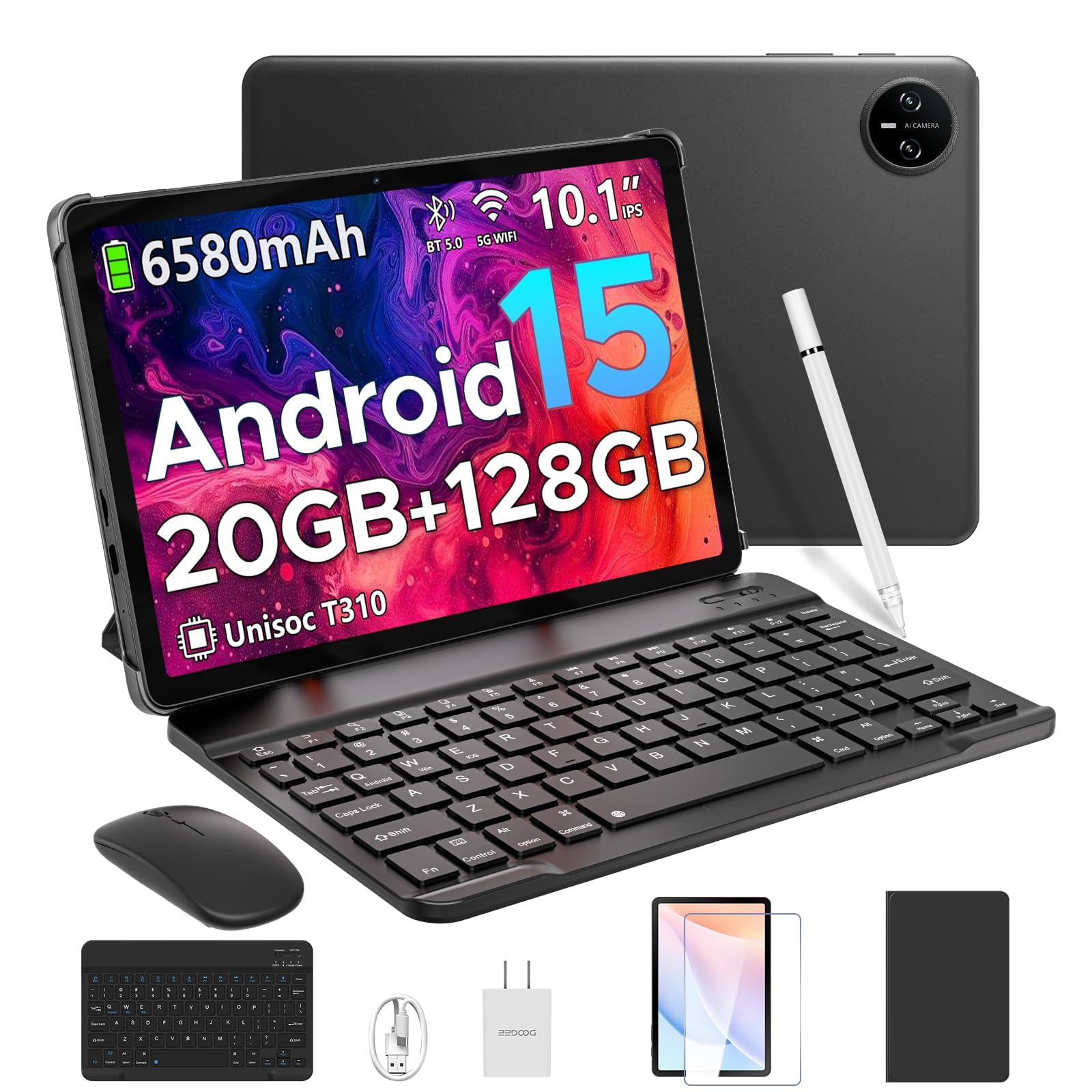 DOOGEE Tab A9 Pro Tablet Android 15, 20GB + 128GB/2TB Tablet con Tastiera, 6580mAh Tablets con Penna, Unisoc T310 Tablets 10 Pollici, Dual Speaker, GMS, Face ID, 3.5 mm Headphone Jack - Mouse/Case