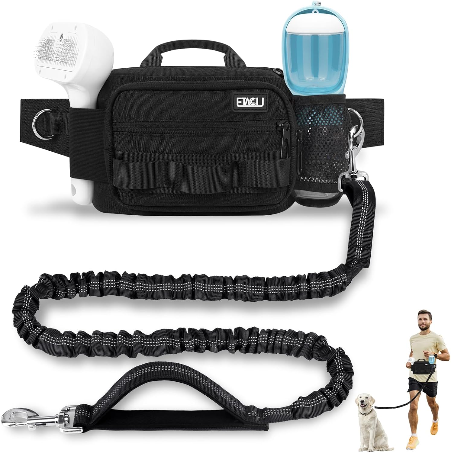 ETACCU Hands Free Dog Leash with Zipper Pouch, Waist Belt for Large Medium Dogs for Running, Walking, Jogging and Hiking, Dual Padded Handles and Durable Bungee - Black (1 Dog Black)