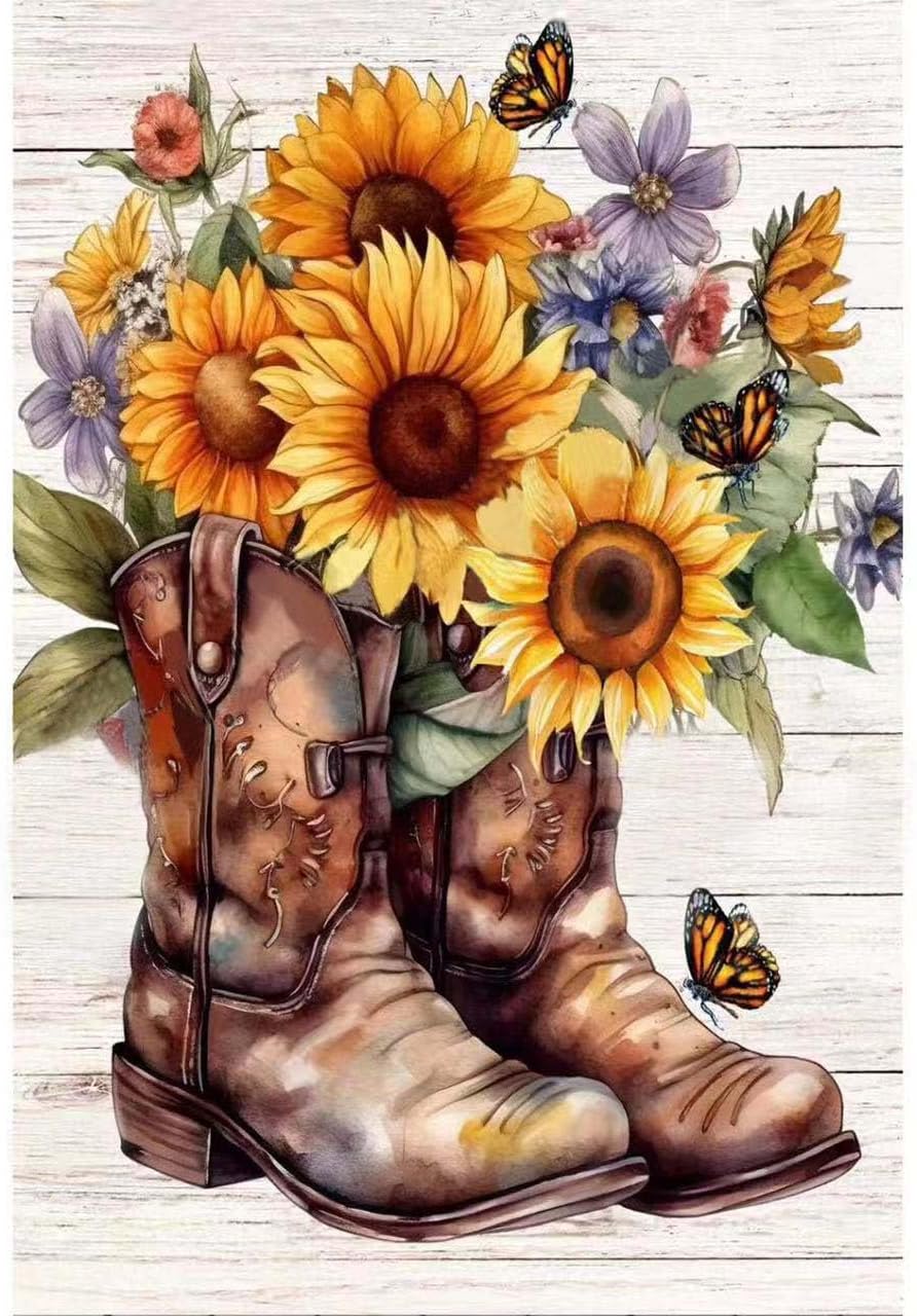 ZQEATRY Boot Diamond Painting Kits for Adults,5D Butterfly Sunflower Flowers Diamond Art Kits for Beginners,DIY Full Drill Diamond Gem Art with Painting Kits for Home Wall Decor 12 x 16 Inch