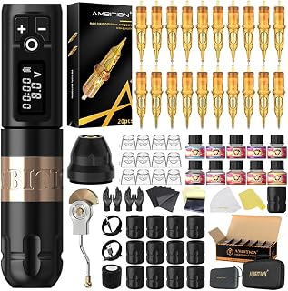 Ambition Soldier Tattoo Machine Kit Complete Rotary Wireless Tattoo Pen Gun Kit with 12pcs 42mm Disposable Silicone Tattoo Grips,40pcs Glory Mixed Size Cartridge Needles