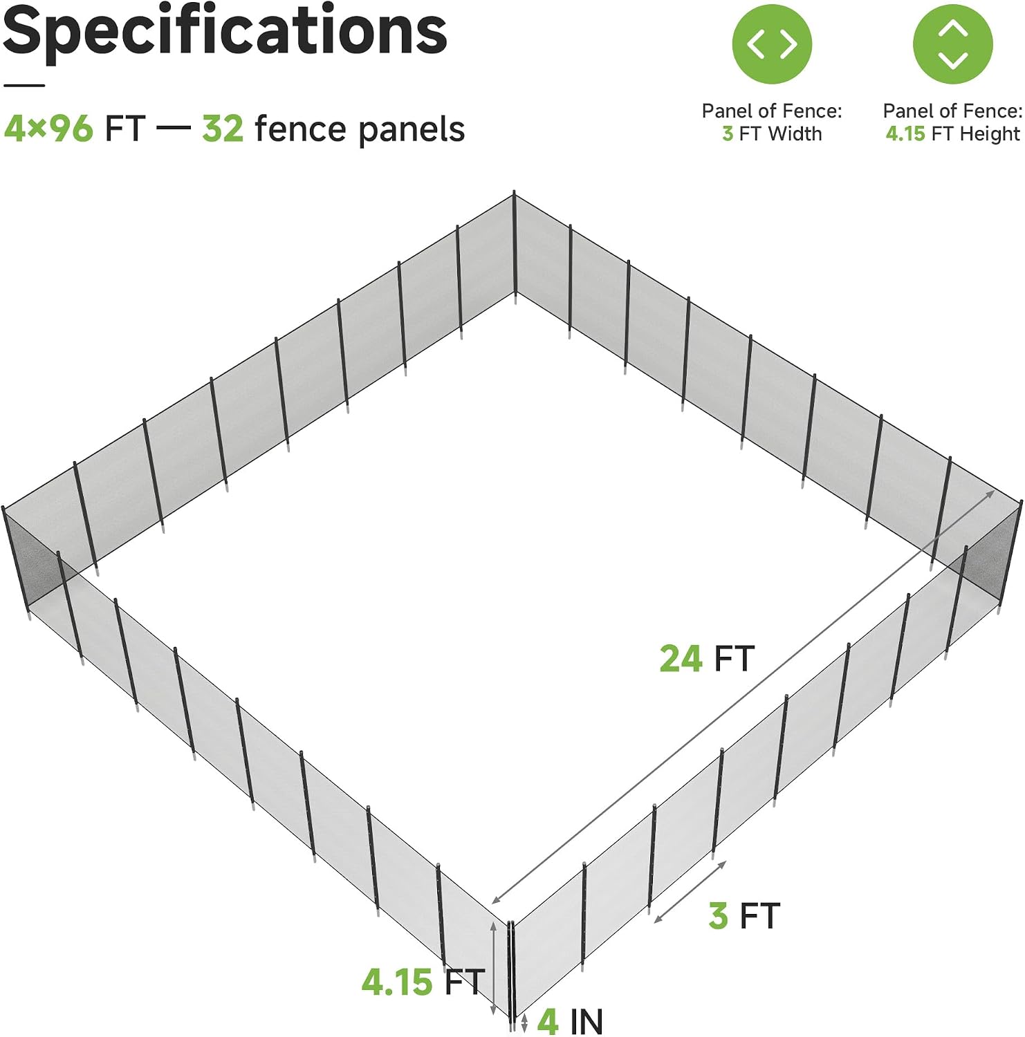 4×96FT In-ground Pool Fence, DIY Installation, Flexible Mobility, Stainless Steel Feet, 350GMS Teslin PVC, Triple Stitching Craftsmanship, Black