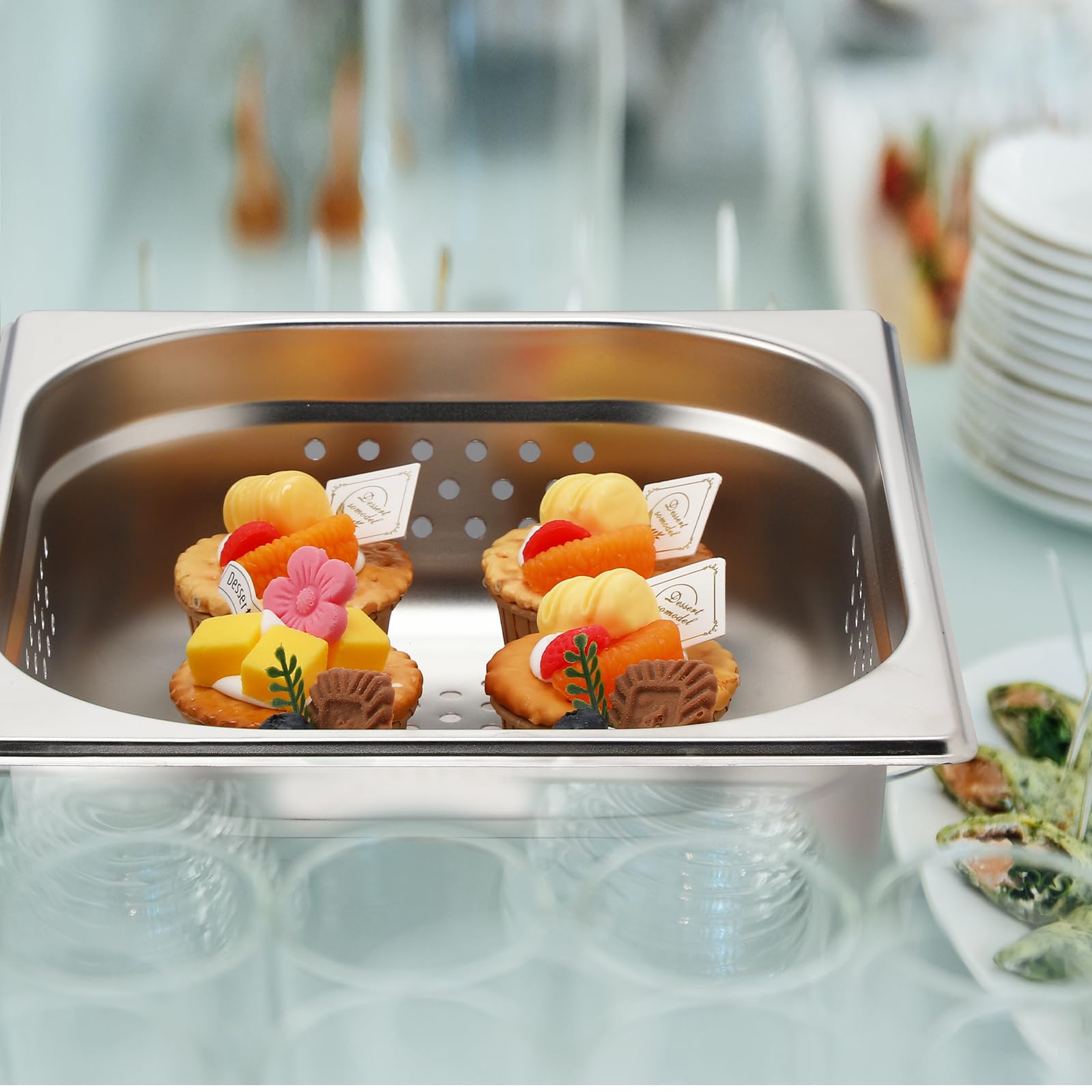 Lounsweer Paquete de 2 sartenes de vapor perforadas de acero inoxidable de tamaño completo, mesa de vapor perforada, sartén de alimentos para catering comercial, bandeja de alimentos para suministros