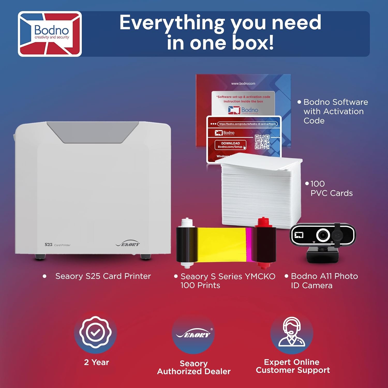 Bodno Seaory S25 Single Sided ID Card Printer & Complete Supplies Package ID Software and Camera - Bronze Edition