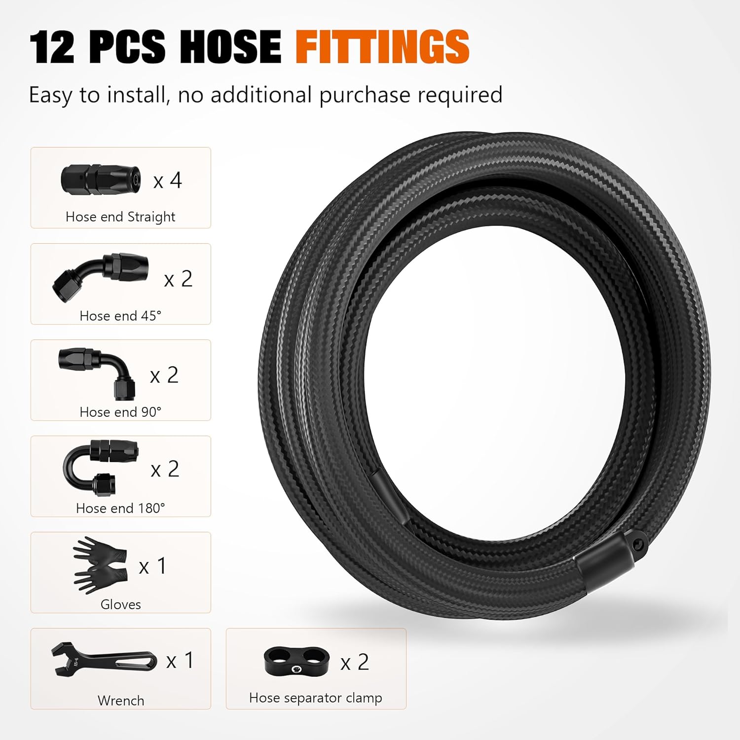 6AN 20FT Fuel Line Hose Kit, AN6 CPE Braided Nylon Fuel Line with 10PCS Swivel Fuel Hose Fitting Adapter Kit Black