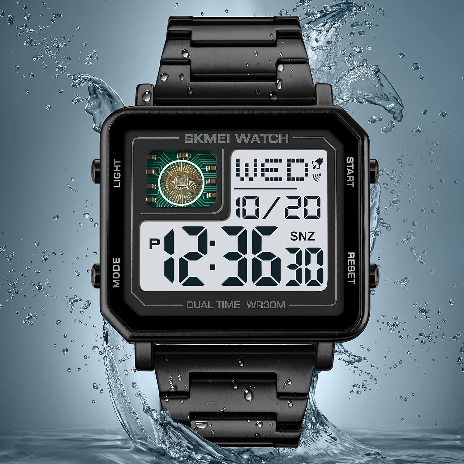 SKMEI 2033 watch with water splashing around it, illustrating its water resistance.
