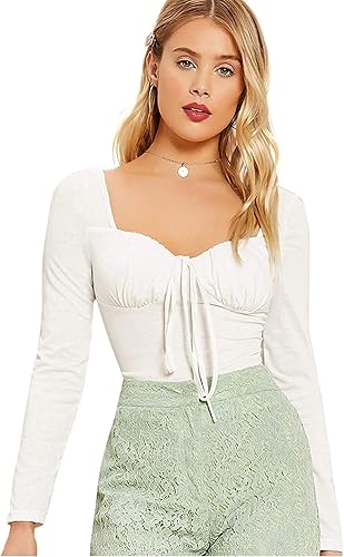 Floerns Women's Square Neck Tie Front Long Sleeve Bustier Milkmaid Tee Top  White Cream XS at Amazon Women's Clothing store