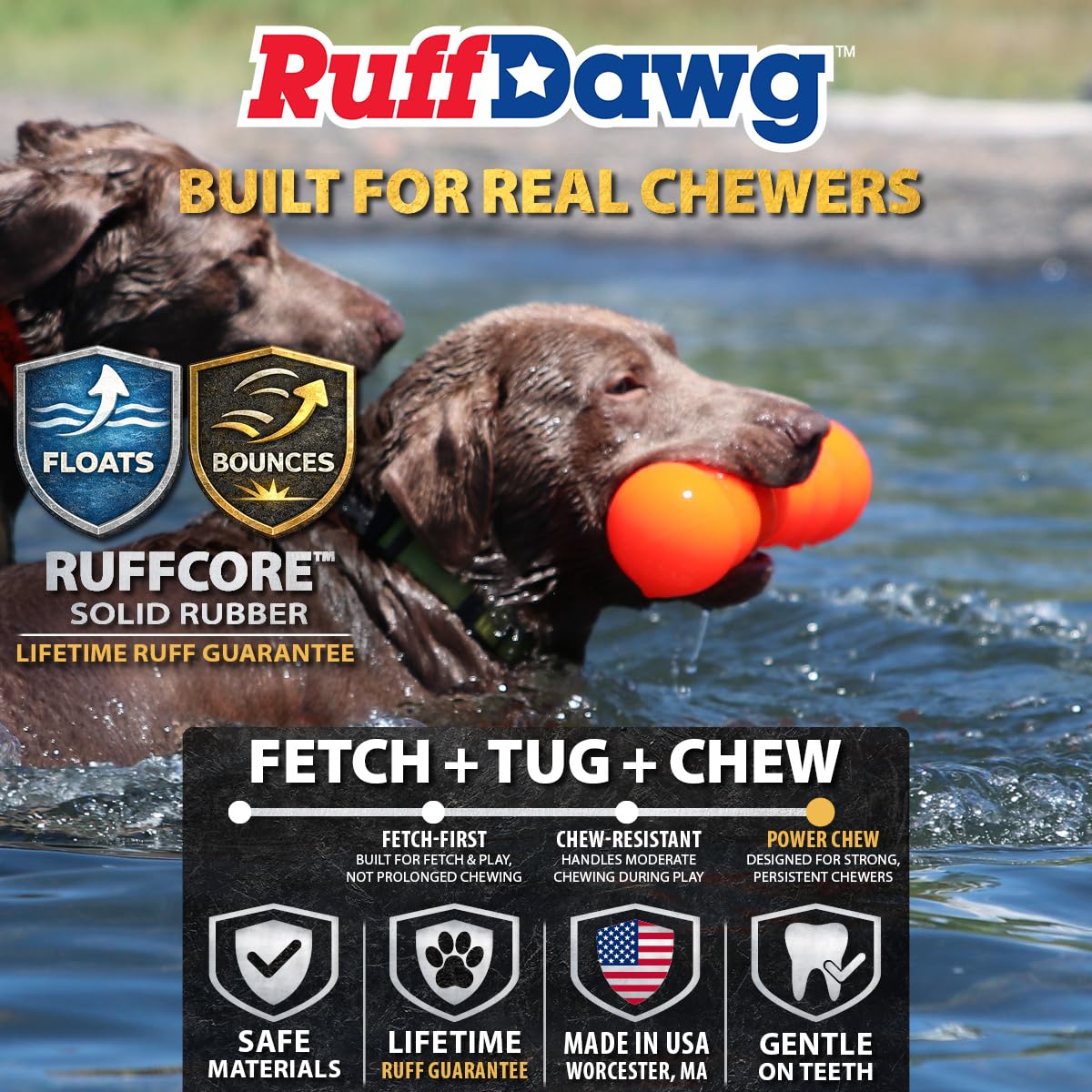 Ruff Dawg Big Dawg Barbell Medium Yellow – Jouet à mâcher robuste en caoutchouc solide pour chiens de petite et moyenne taille de moins de 18 kg – Flotte et rebondit – Fabriqué aux États-Unis