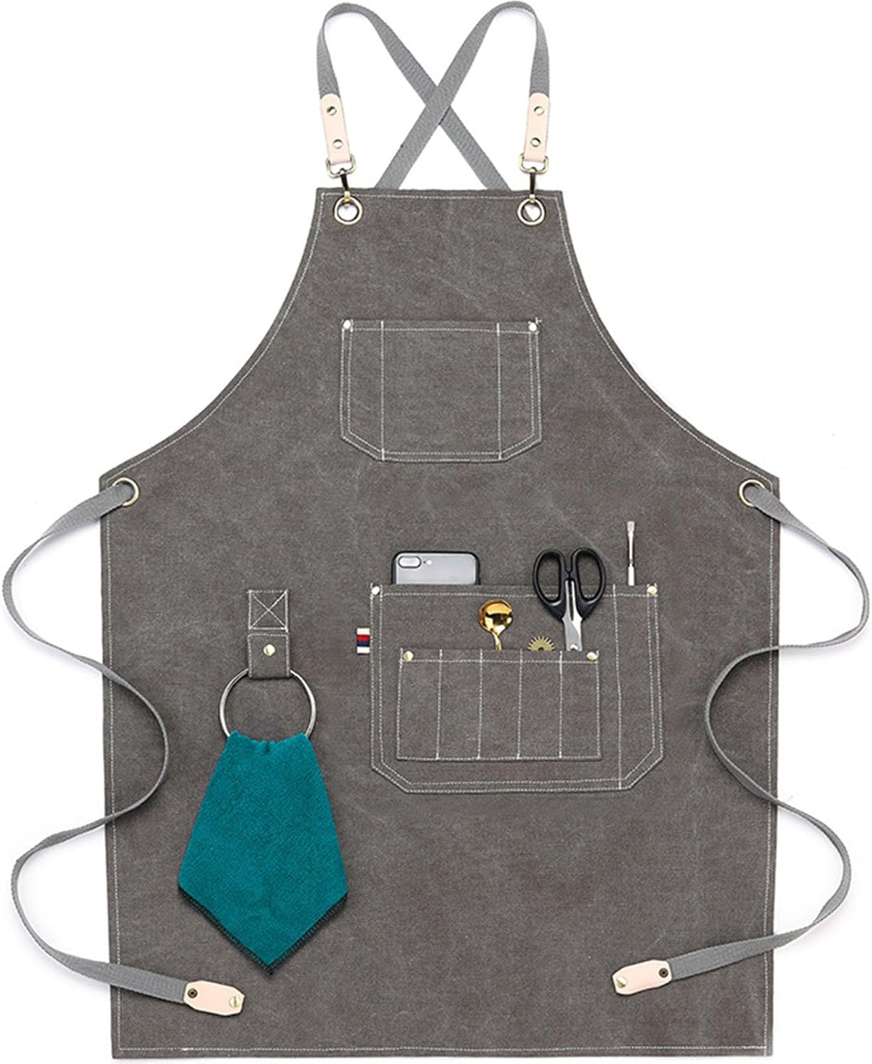 Work Apron Washed Canvas Adjustable Cross Back Tool Aprons Multiple Pockets Men Women Chefs, Barbers