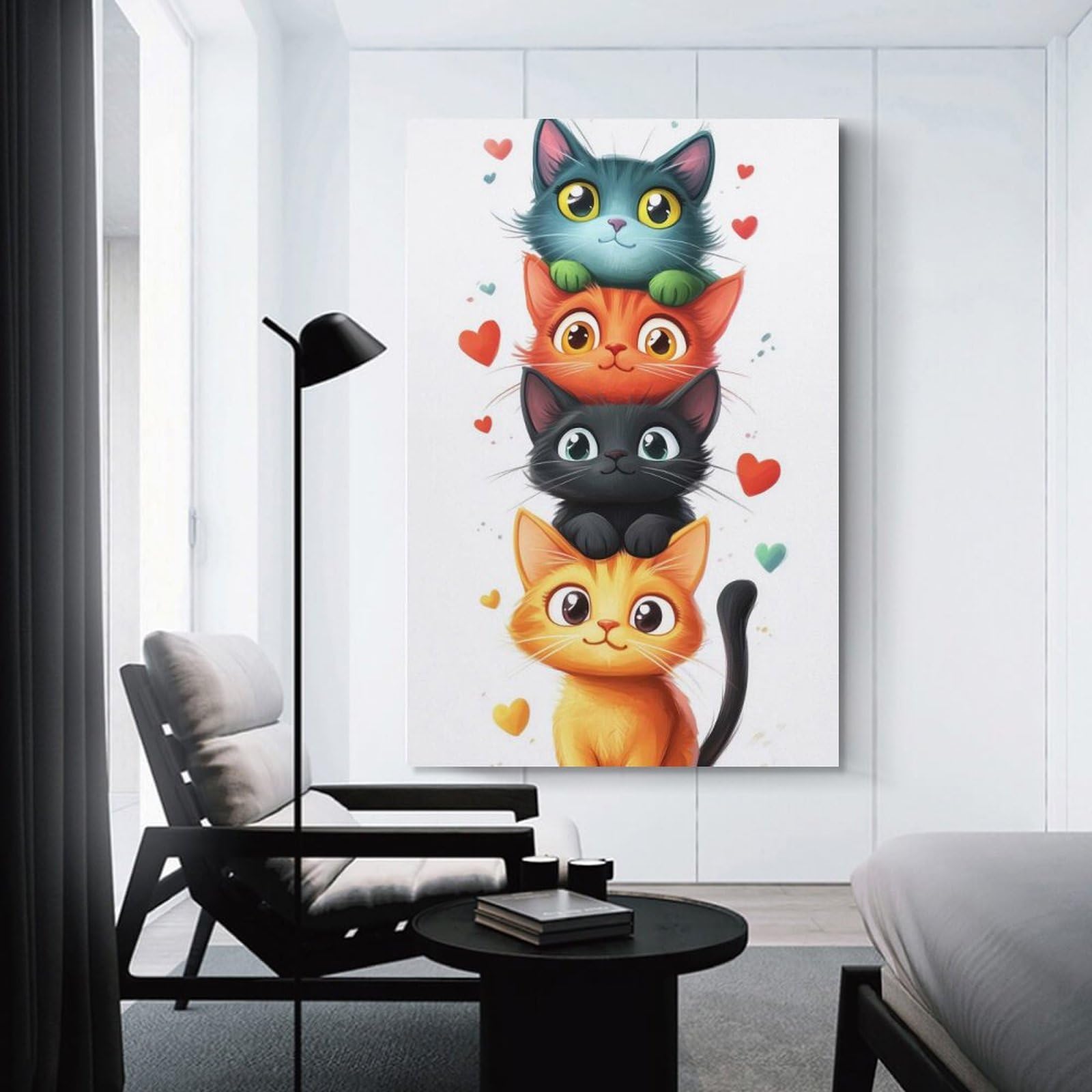 Junmoney Wall Art Print Cute Stacked Cats, 20x30inch(50x75cm), for Hallway, Bedroom Or Modern Interiors, Thoughtful Wall Decor for Art Lovers