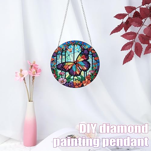 Miniatura 4 de Tontut Decoraciones colgantes Kits de pintura de diamantes, colgante de ventana DIY mariposa flor pintura de diamante, forma especial diamantes arte