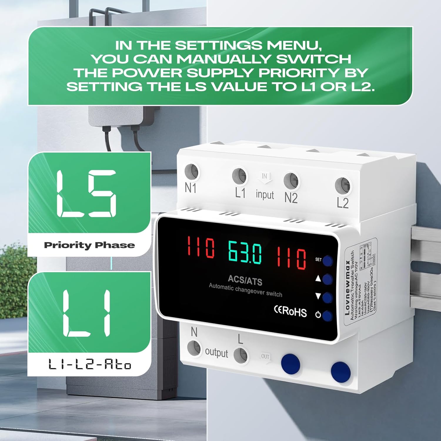 Automatic Transfer Switch 63A 110V, DIN Rail Mount Generator Transfer Switch with Automatic and Manual Operation, LED Display, Over Voltage and Over Current Protection, 50/60Hz