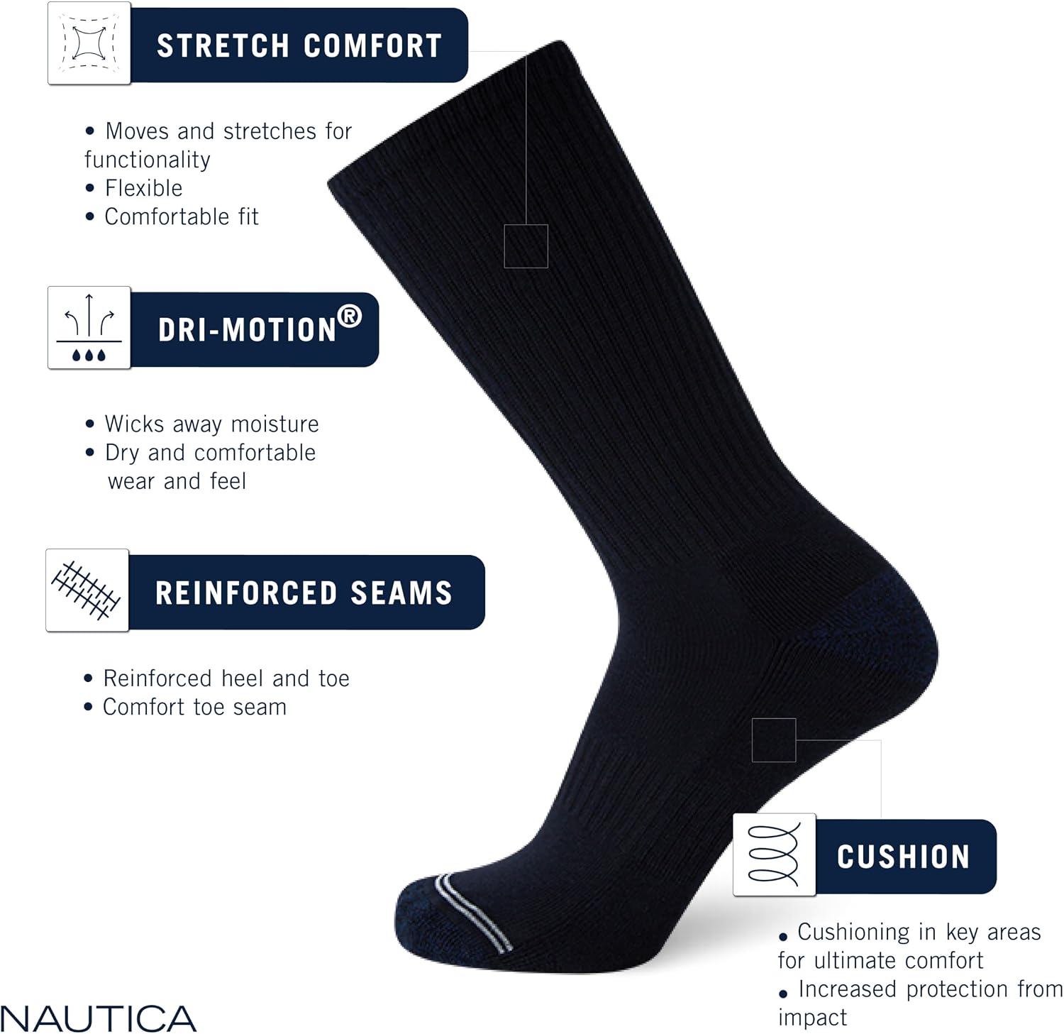 Nautica Mens Crew Socks 5 Pack Moisture Wicking Athletic Work & Dress Socks | Breathable Knit Keeps Feet Cool & Fresh, Cushioned Footbed Eases Each Step, Reinforced Heel/Toe Resist Wear