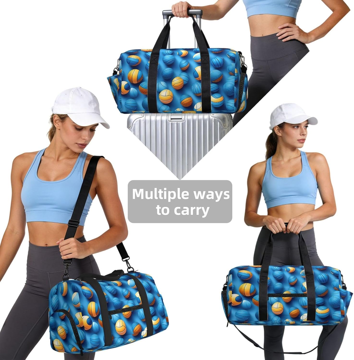 Blue Volleyball Print Handheld Sports Luggage Unisex Crossbody Bag Travel Weekend Fitness Workout image 4