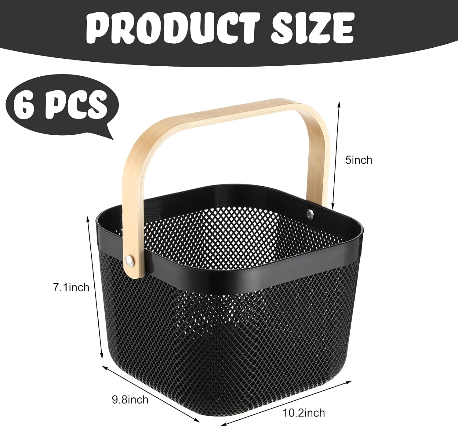 Roshtia 6 Pcs Plastic Mesh Storage Basket with Handle 9.8 x 10.2 x 7.1 Inch Garden Harvest Storage Basket Multi Functional Hanging Organizer for Kitchen Bathroom Picnic Cabinet Home(Black)