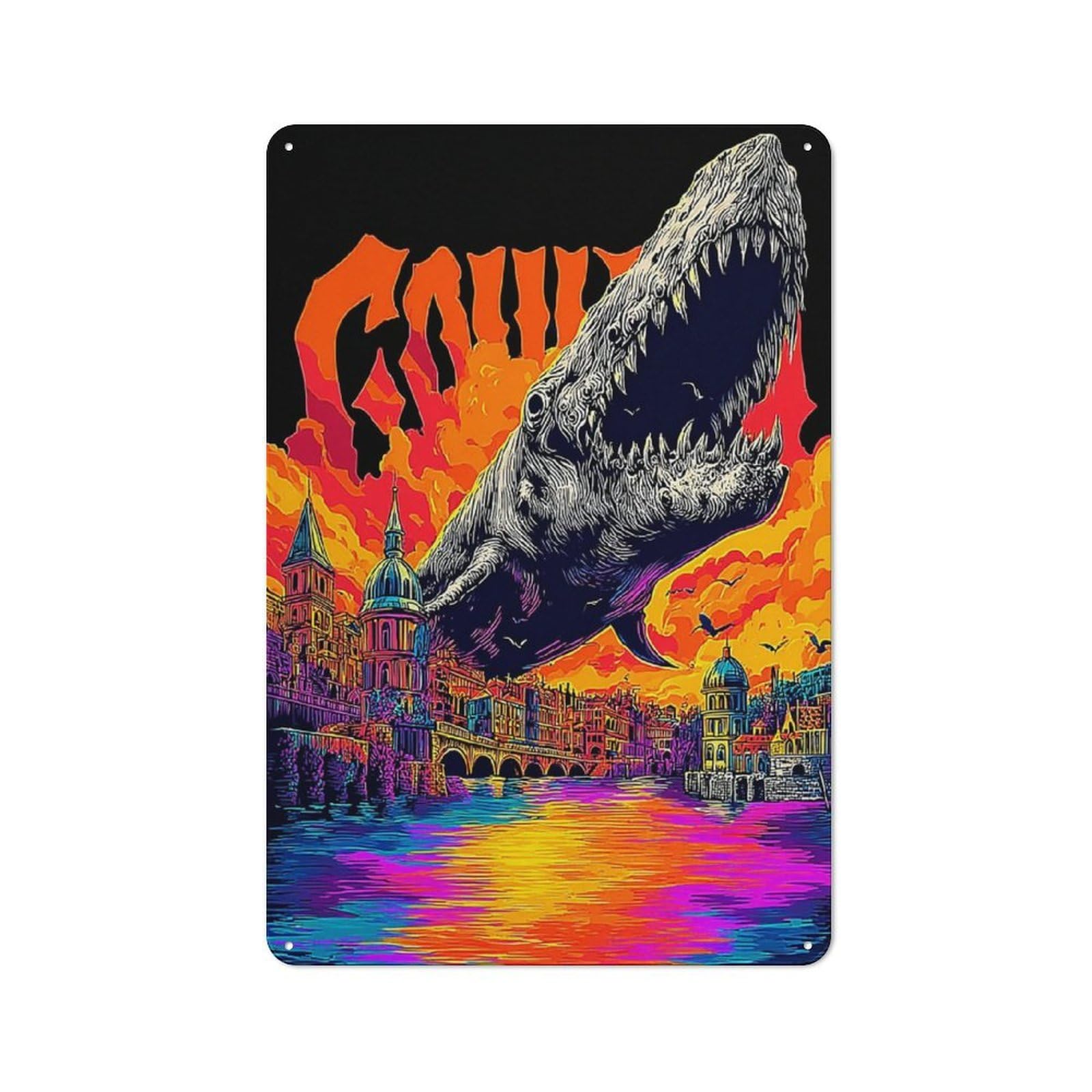 Junmoney City Under Dinosaur Attack Shop Front Style Decorative Metal Plaque 30X20cm, Shop Wall Decor For Cafe, Bistro, Bakery Or Restaurant