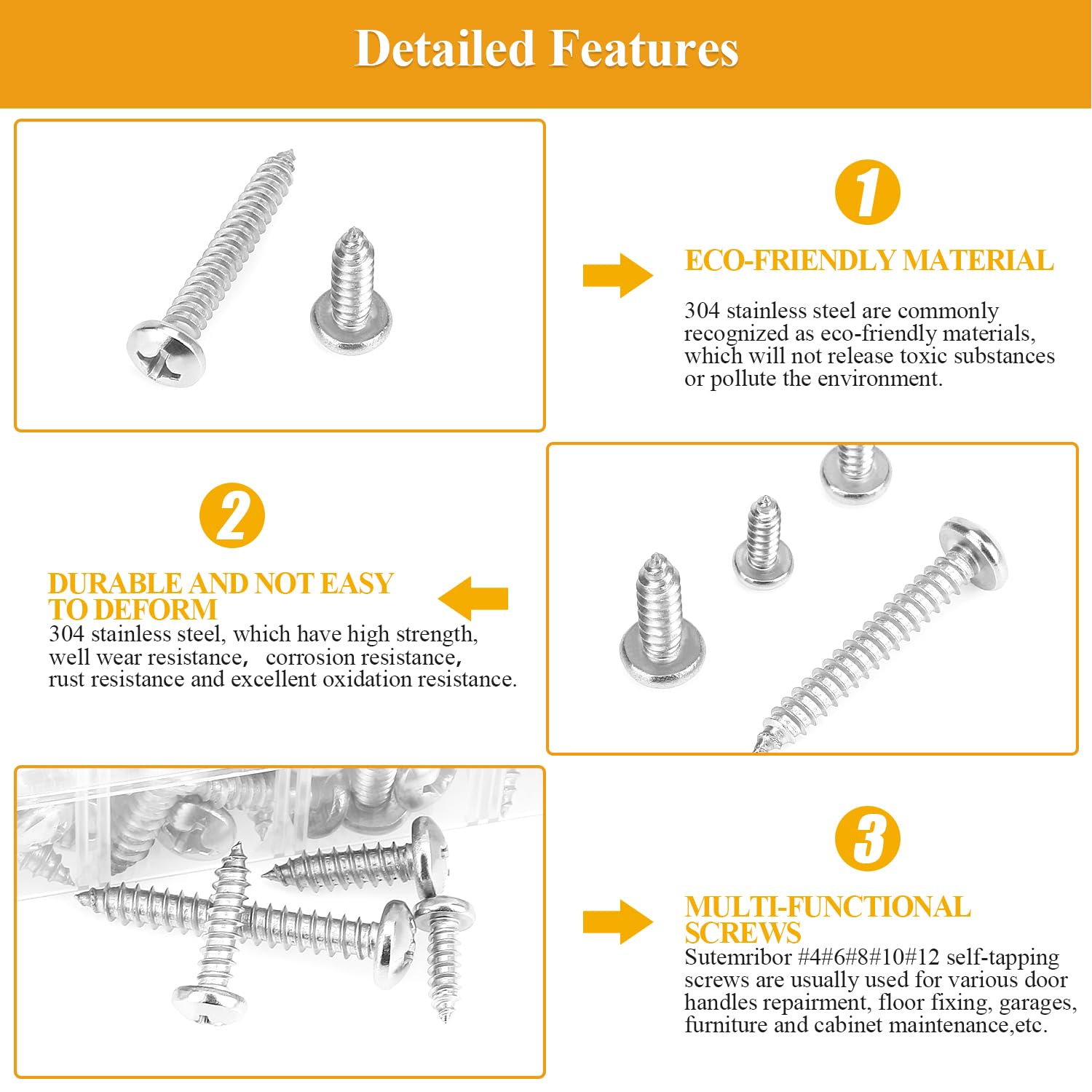545 Pieces #4#6#8#10#12 Wood Screws Set, Phillips Pan Head #4#6#8#10#12 Self-Tapping Screws Assortment Kit, 304 Stainless Steel