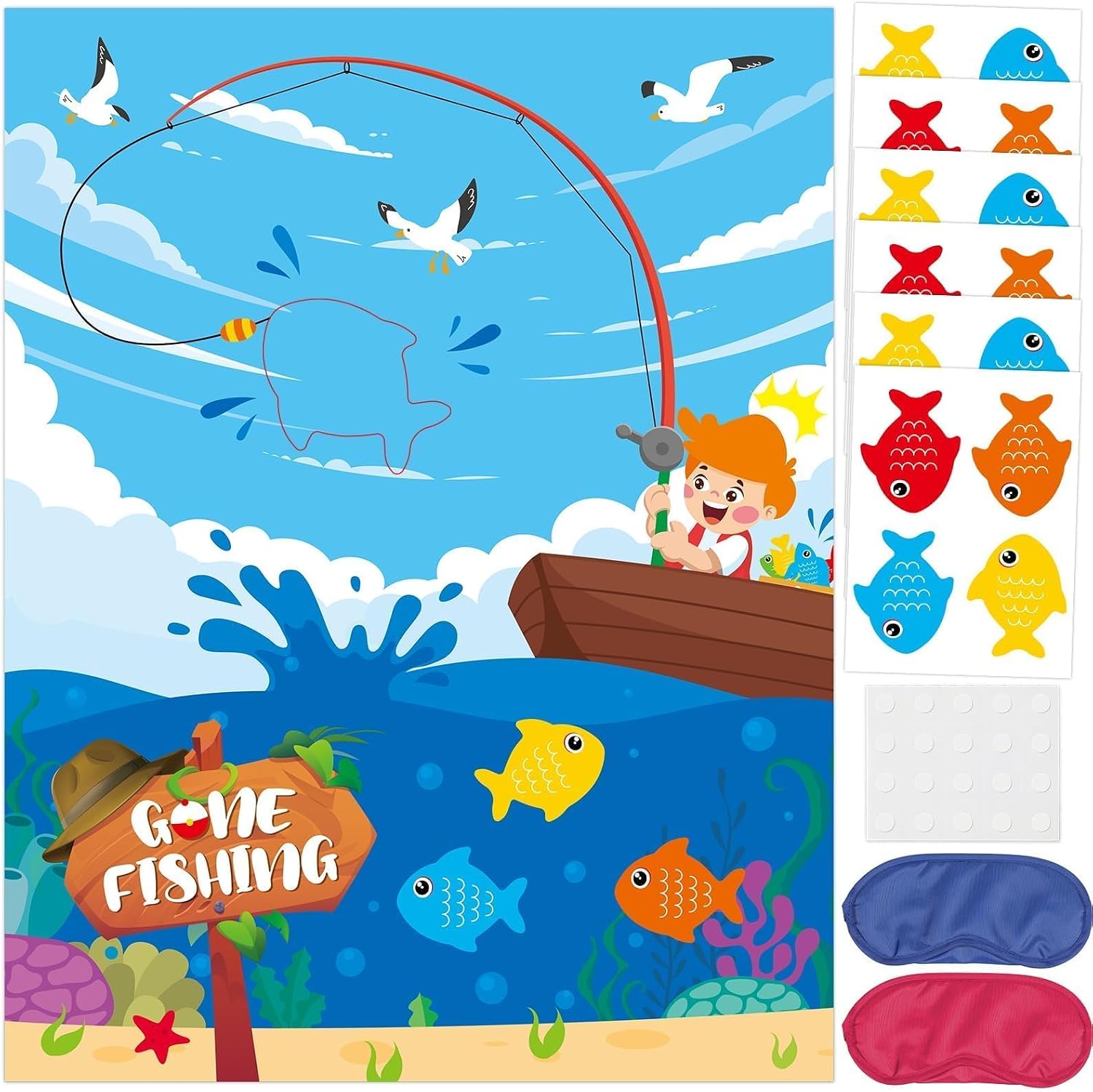 Gone Fishing Birthday Party Game Supplies Pin The Fish on Fishhook Game Large Summer Fishing Poster with 24 PCS Fish Pin the Tail Banner Backdrop for Home Wall Kids Fisherman Gifts Favors Decorations