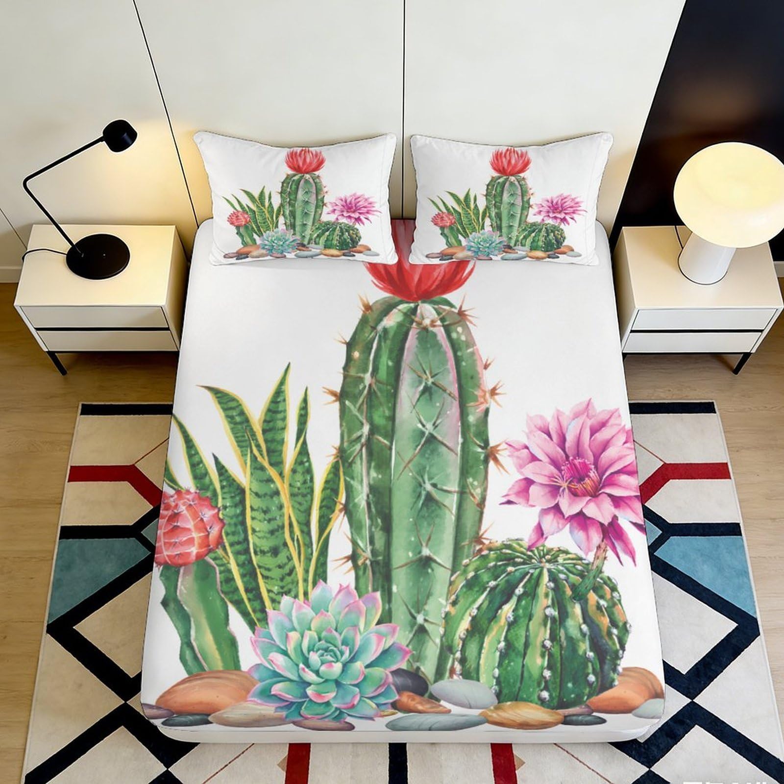 3D Printed Cactus Garden Fitted Sheet Microfiber Soft Breathable Succulent Flowers Bed Cover for Bedroom Dorm Decor 140x200x25cm
