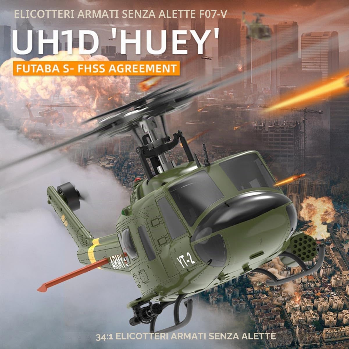 Lunaro UH-1 Huey RC elicottero con GPS, YU XIANG F07-V elicottero militare scala 1/34 per adulti, drone interno esterno con stabilizzatore e motori potenti