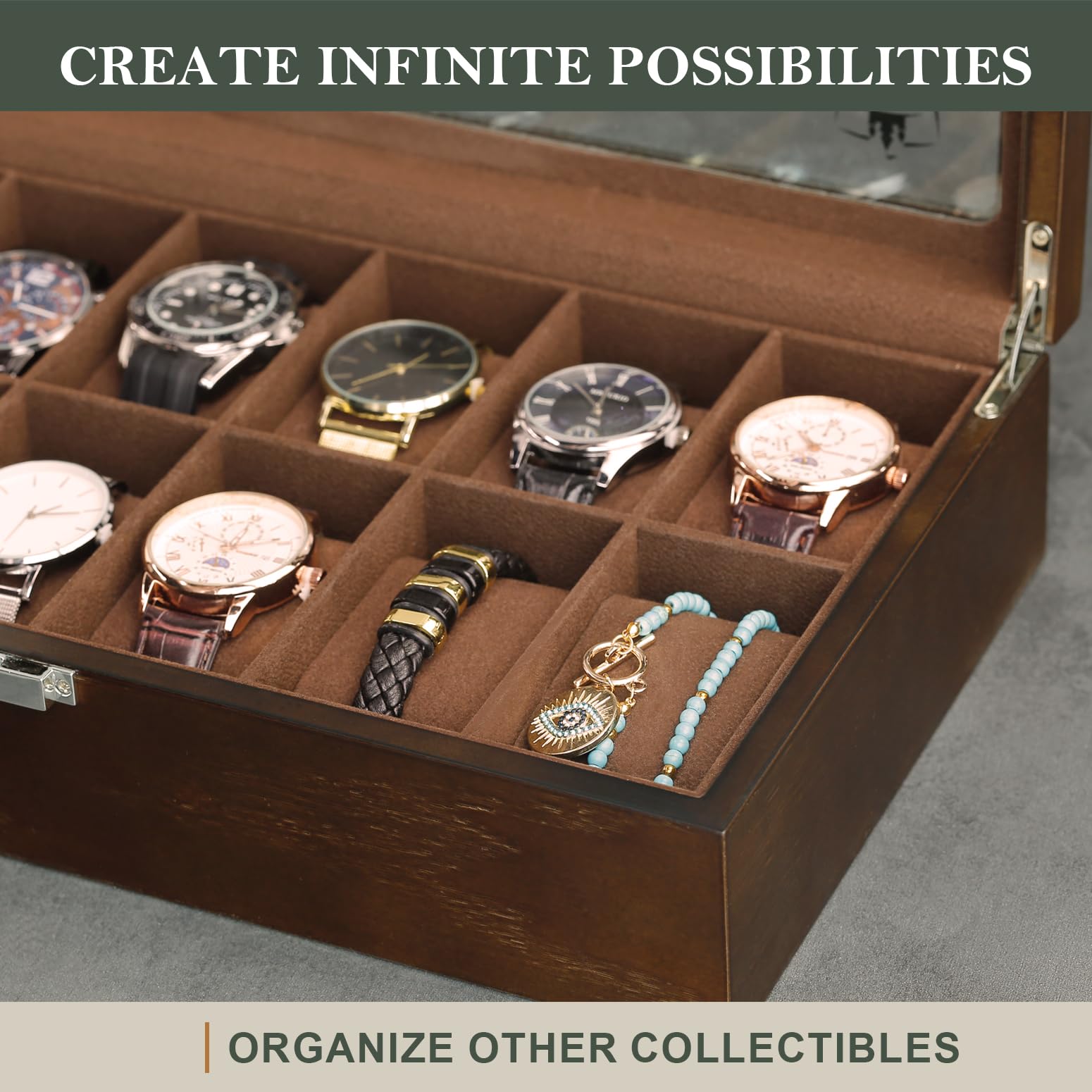 Slege porta orologi in Legno a 12 Posti,Scatola per orologi in Legno,Elegante Porta orologi uomo,Vetrina in Vetro Porta orologi per 12 orologi,Watch box per uomo Regalo (Marrone)