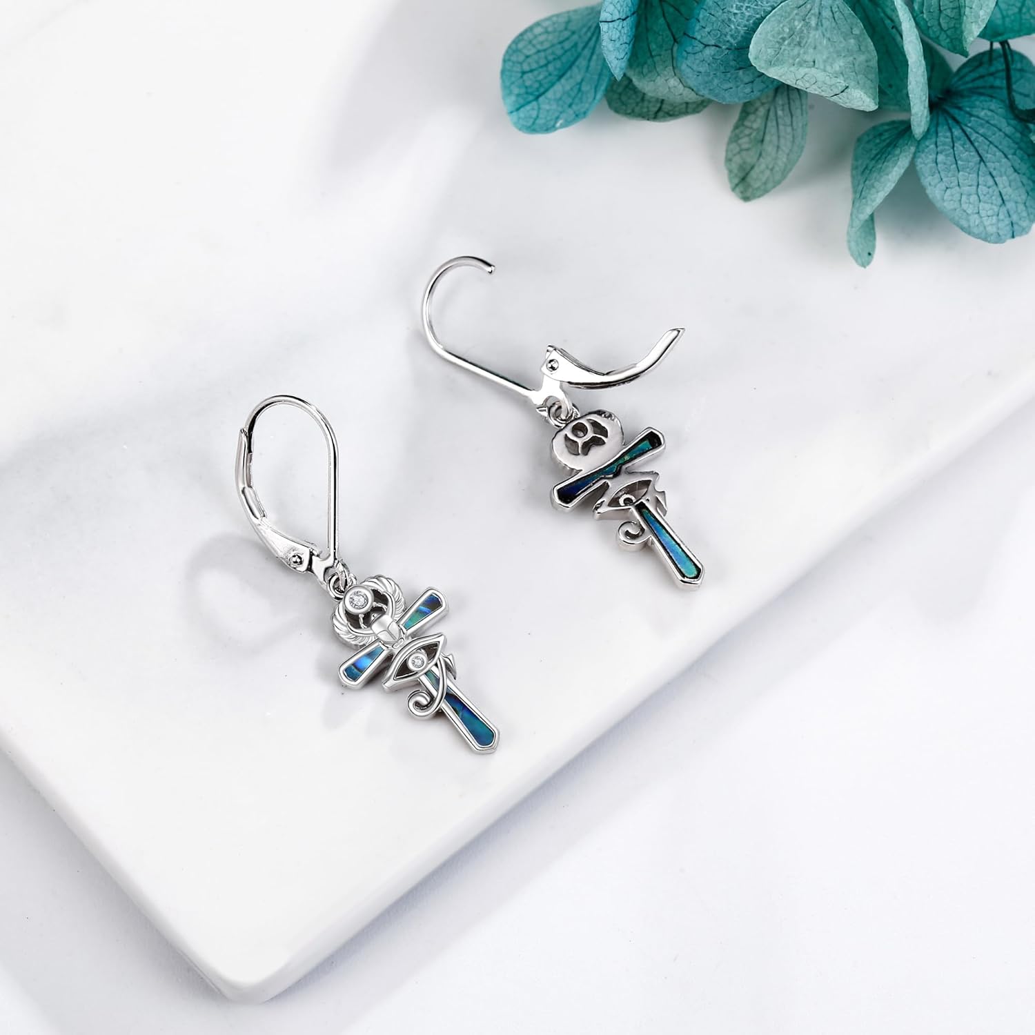 Ankh Earrings 925 Sterling Silver Abalone Shell Eye Of Horus Leverback Earrings Egyptian Mother's Day Jewelry for Women Mom