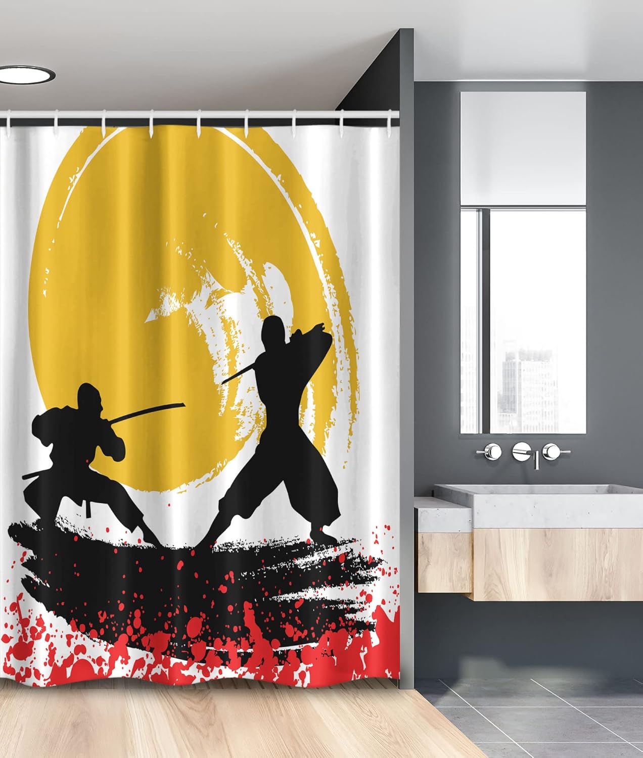 Ambesonne Japanese Stall Shower Curtain, Watercolor Style Silhouette Ninjas in The Moonlight Medieval, Fabric Bathroom Decor Set with Hooks, 54" W x 78" L, Vermilion Mustard
