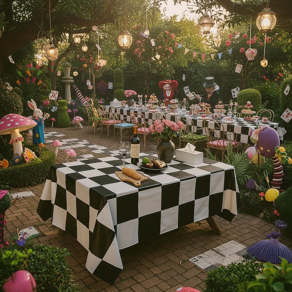 BRALEO Alice Party Decorations,Wonderland Theme Party Table Cover, Black and White PVC Tablecloth,Garden Checkered Tea Party Decor Plastic Cloth Rectangula 55"X98"