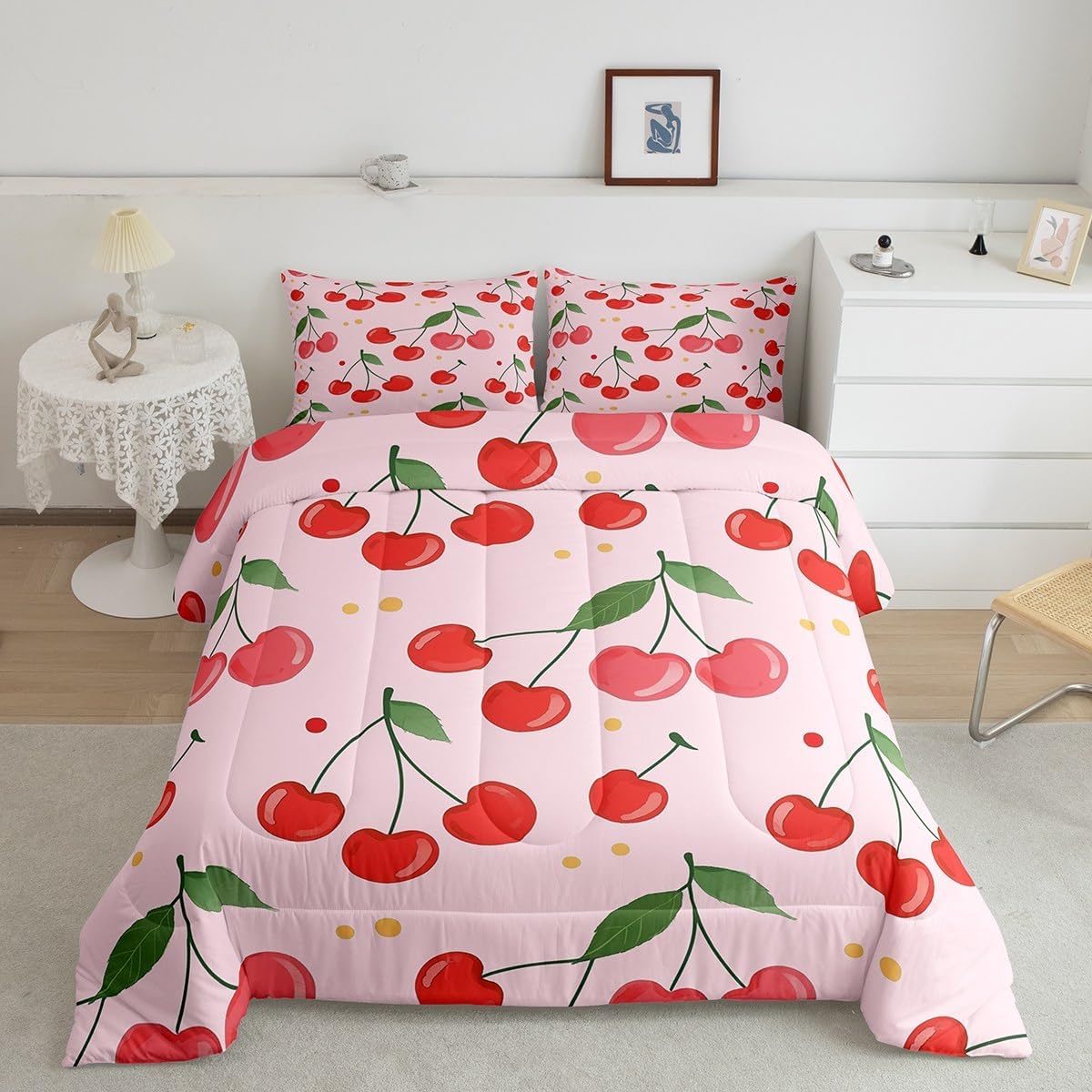 jejeloiu Cherry Comforter Set Toddler Kids Summer Fresh Fruit Pink Bedding Set for Boys Girls Teens Polka Dots Green Leaves Duvet Quilt Room Decor
