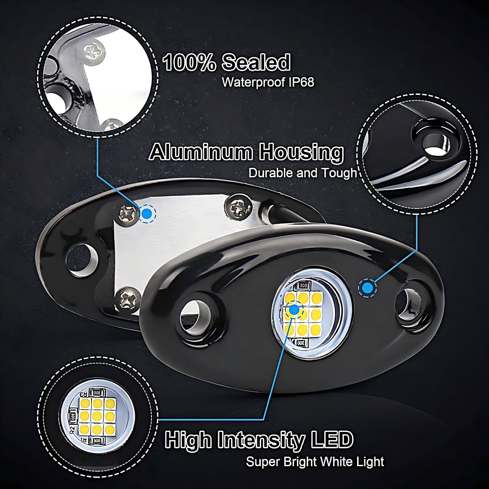 Led rock light,6xbianco luci di roccia,Luce led rock sottoscocca auto neon decorazione Illuminazione,Luci del telaio dell'auto, Impermeabile per rimorchio,camion,bus,suv,atv,utv (6 pods)